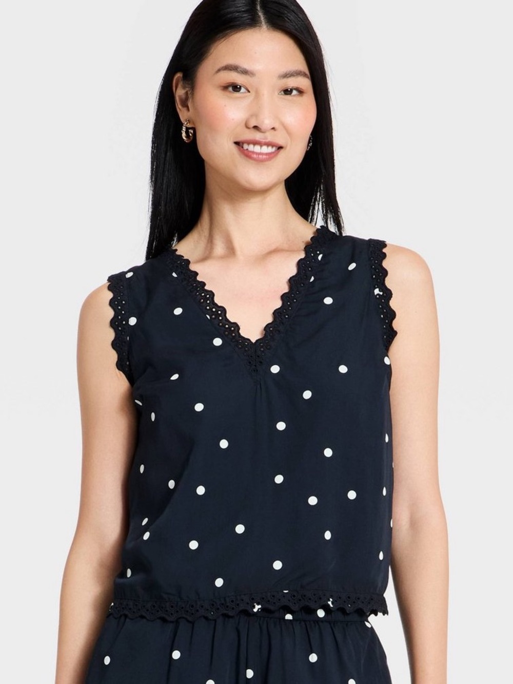 Women’s Lace Trim V Neck Blouse. Black Polka Dots. M